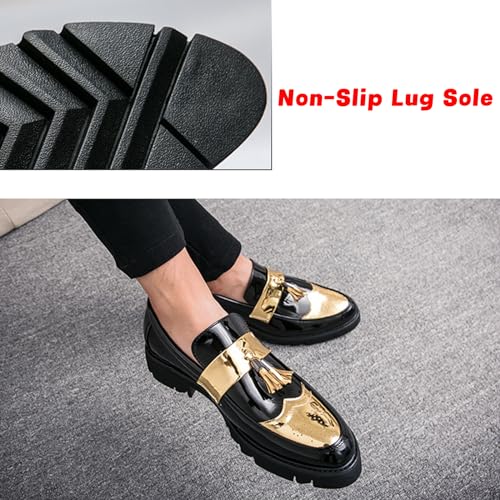 Men's Patent Leather Platform Slip-On Penny Loafers Shoes, Fashion Round Toe Tassel Non-Slip Lug Sole Dress Shoes,for Party Dating Prom4