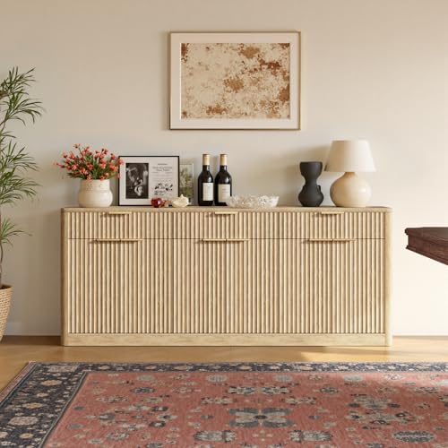 Image of Evermagin 67 inch Fluted Oak Sideboard Buffet Cabinet with 3 Drawers, Modern Credenza with Storage, Console Coffee Bar Cabinet for Kitchen, Living Room and Entryway (67 inch W x 31.5 inch H x 15.7 inch D)