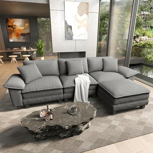 Image of HERA'S HOUSE 124 inch Oversized Modular Sectional L Shaped Sofa, Corduroy Grey | 4-Seater Living Room Couches, Wider Armrest and Deep Seat, Comfy Cloud Couch with Ottoman, Wood Sturdy Frame