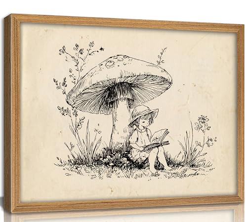 Framed Vintage Whimsical Book lovers Wall Art Mushroom Girl Reading Wall Decor Cozy...