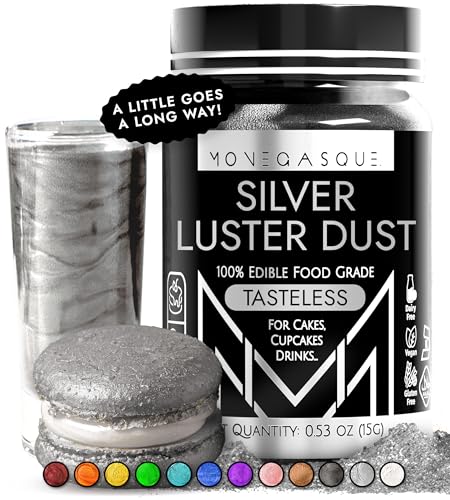 Image of MONEGASQUE Silver Edible Glitter for Drinks & Cakes, Luster Dust, 15g | Cocktail Shimmer Powder, for Cupcakes, Chocolate & Strawberries, Cocktail Garnish, Food-Grade, Vegan, Shimmer Powder
