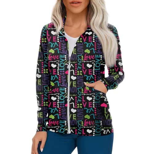 Scrub Jackets for Woman Zip Up Long Sleeve Tops Print Plus Size Womens Scrubs for Women Nursing Shirts with Pockets
