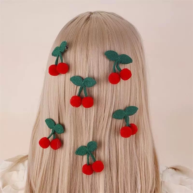 6Pcs Girls Hair Clips, Handmade Crochet Sweet Cherry Shape Hair Barrettes, Manual Knitted Cute HairPins Alligator Clip Hand-Woven Creative Hair Slide, Fashion Hair Accessories for Kids Teens Gifts - Image 5