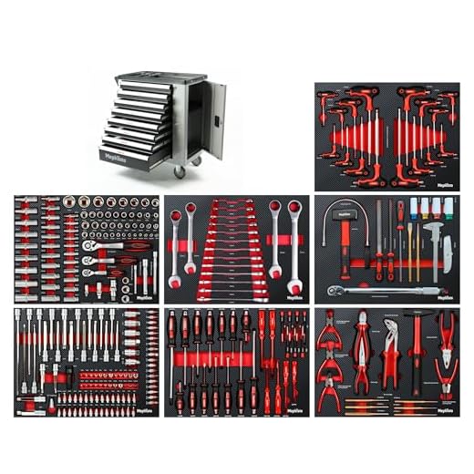 Mephisto Werkzeugwagen Werkstattwagen mit 8 Schubladen davon 7 mit Werkzeug wie Schraubenschlüssel, Ratsche mit Nusskasten, Schraubendreher usw. in Soft Inlays in Carbonoptik befüllte Schubladen