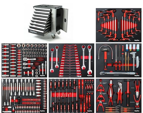 Mephisto Werkzeugwagen Werkstattwagen mit 8 Schubladen Davon 7 mit Werkzeug wie Schraubenschlüssel, Ratsche mit Nusskasten, Schraubendreher usw. in Soft Inlays in Carbonoptik gefüllte Schubladen