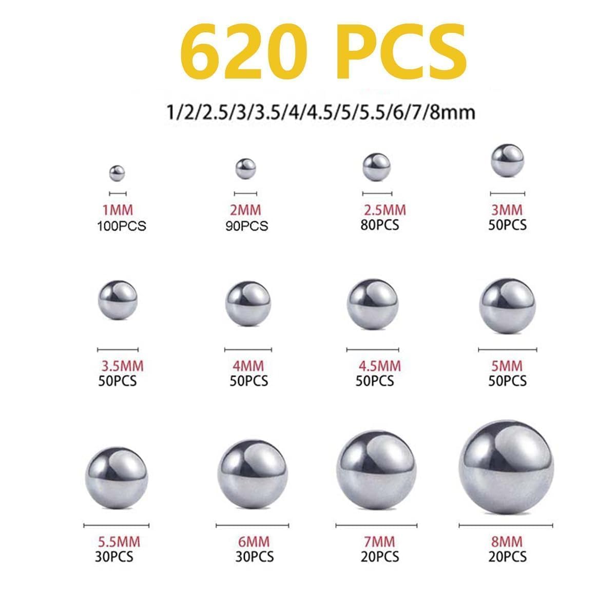 620 Pezzi 1-8mm Sfere in Acciaio Cuscinetto,Acciaio Inox Cuscinetti a Sfera,Sfere in Acciaio Cuscinetto,Sfere di Precisione,Cuscinetti a Sfera in Acciaio,1-8 mm,Adatto per cuscinetti ruota, ecc.