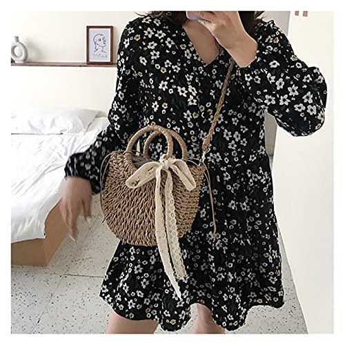 Straw Bag Women Hand-Woven Handbag Moon Shape Lace Bow Rattan Bag Big Capacity Drawstring Casual Beach Shoulder Crossbody Bag (A 19X8.5X23Cm)3
