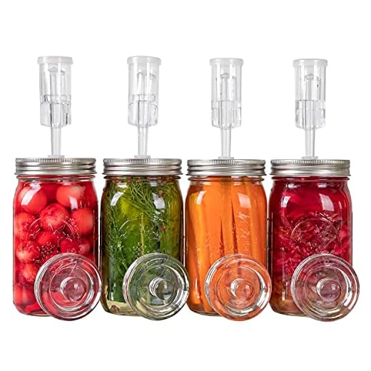 Jillmo Easy Fermentation Kit for Wide Mouth Mason Jars - 4 Airlocks, 4 Glass Weights, 6 Silicone Grommets, 4 Stainless Steel Fermenting Lids with Gaskets (Jars Not Included)