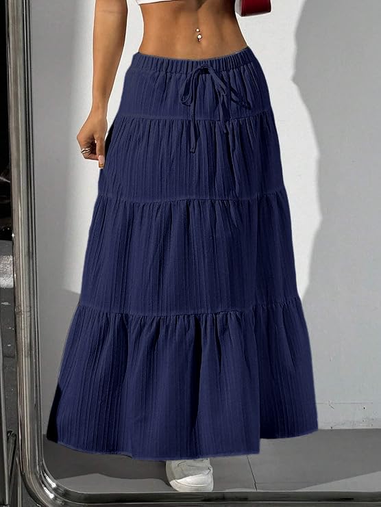 Image of Jawdrobe Women's Georgette Ruffle Hem Long Flared Skirt Lightweight Soft Fabric| High-Waisted Ruffled Maxi Plain and Pleated Skirt