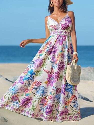 Image of CUPSHE Women's Summer Dresses Casual Spring V Neck Sleeveless Floral Beach Vacation Long Spaghetti Strap Flowy Maxi Dress