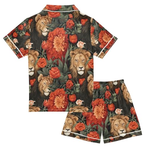 senya Lion with Flowers Satin Summer Pajama Sets Silk Short Sleeve Button Down Sleepwear2