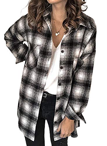 Astylish Womens Classic-Fit Long Sleeve V Neck Plaid Roll Up Sleeve Button Down Blouses Tops Black XX-Large