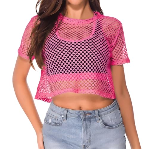 FHRYNA T-Shirt Rose Néon en Résille pour Femme, Haut à Mailles Fluorescentes Style Années 80, Top de Fête Disco et Carnaval, Vêtement Rétro pour Soirée...