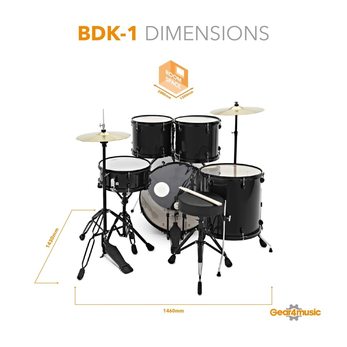 Batería de Principiante de Tamaño Completo BDK-1 de Gear4music Negro