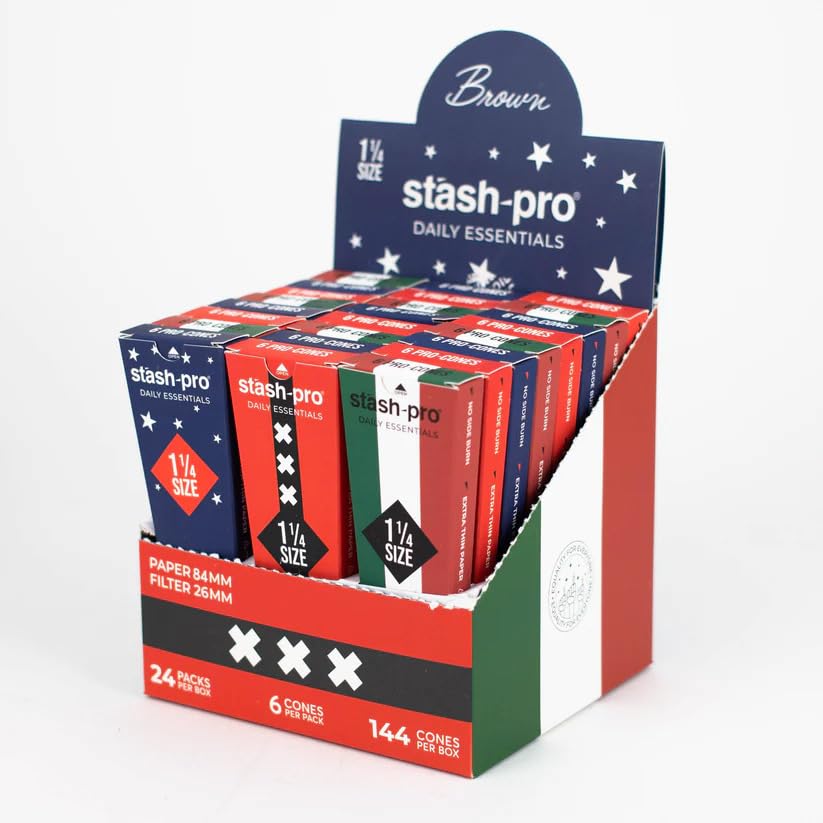 Image of Stash-Pro Pre Rolled Cones Slow Burning GMO-Free Unbleached Natural Brown Paper with Natural Arabic Gum King Size (144 Count, Brown, 84 MM)