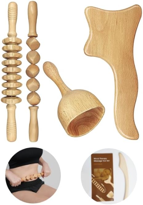 Herramientas de masaje de terapia de madera, kit de Maderoterapia, masajeador de drenaje linfático 4 en 1