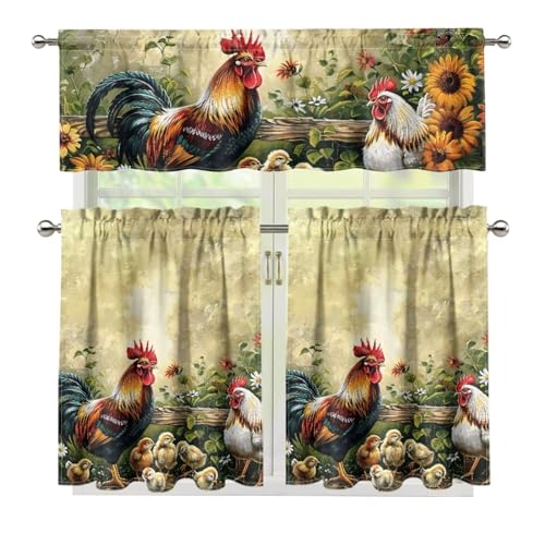 Yuvamagimo YUV-C3982P51-47 Sunflower Rooster 3-Piece Tier Curtains 24 Inches Long Country Kitchen Curtains Set Tab Top cover