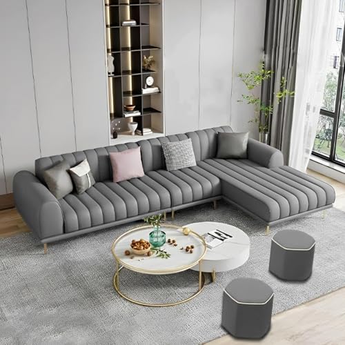 Image of Casaliving Herrick RHS 6 Seater L Shape Sofa Set with 2 Puffy for Living Room (Dark Grey Colour) Premium Velvet Fabric Sofa
