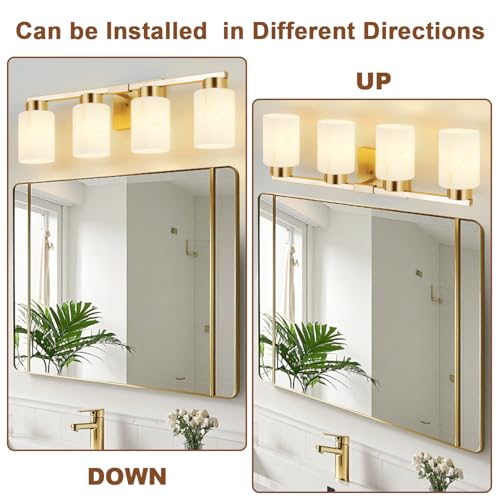 Image of 4-Light Bathroom Light Fixtures, Modern Vanity Lights, Gold Metal Wall Lamp with White Marble Glass for Bathroom, Mirror, Living Room, Bedroom, Cabinet, Porch, Hallway, E26 Base