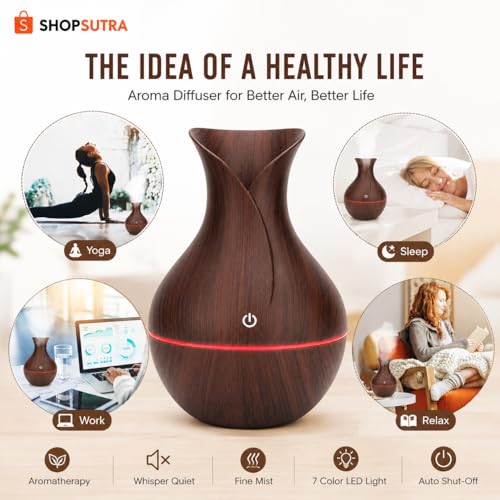 Image of Aroma Diffuser with LED Light - USB Powered Tabletop Mist Humidifier for Desk and Bedside Use (Wood Aroma Diffuser)
