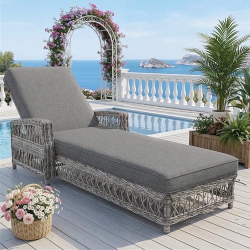 Fppuueg Tumbona Jardin Exterior de Ratan, Tumbona de Exterior con Respaldo Ajustable en 4 Posiciones y Cojines, Mobiliario de Exterior para Piscina, Tumbonas Playa Resistente a La Intemperie, Gris