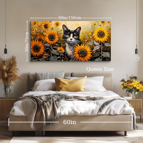 SERIMINO Large Wall Art for Living Room, Sunflower Cat Modern Home Decor Canvas Prints, Flower Field Landscape Pictures Wall Decor, Cute Animal Dining Room Bathroom Office Decor Paintings 30"X60"