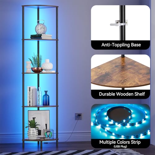 Image of SUNMORY 5 Tier Corner Shelf with LED Light, Industrial 65 inch Corner Shelves | Wall Corner Bookshelf, Display Shelf for Living Room Decor, Multi Unit Organizer, Tall Shelf Plant Stand for Bedroom Bathroom