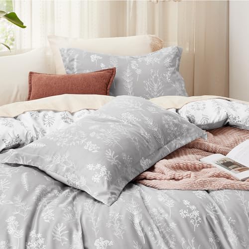 Image of Bedsure Duvet Cover Queen Size - Reversible Grey Queen Duvet Cover Set with Zipper Closure, 3 Pieces Botanical Floral Patterned Bedding Set with 8 Corner Ties and 2 Pillow Shams