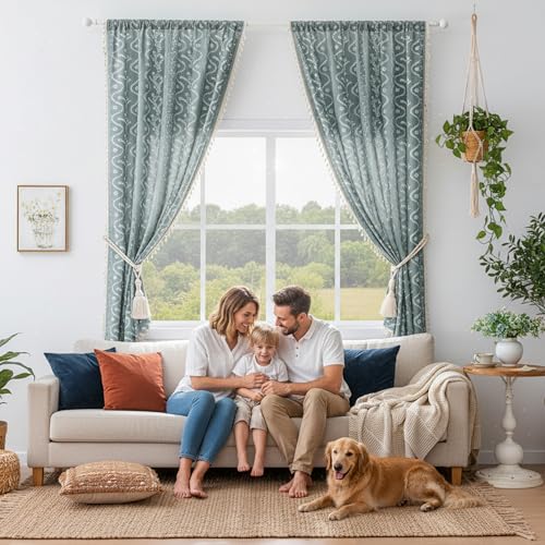 Image of Boho Curtains 84 Inch Long for Living Room, Bedroom, 2 Panels Floral Farmhouse Vintage Tassel Semi Sheer Light Filtering Privacy Window Curtain Drapes with Rod Pocket,Gray