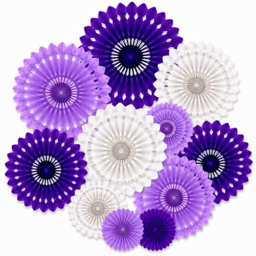 Image of Purple White Hanging Honeycomb Round Paper Fans Halloween Decoration Kit for Baby Boy Shower Birthday Wedding Under The Purple Theme Photo Booth Backdrops Paper Party Supplies 11 Count