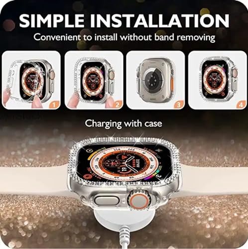 Image of AMiRiTE ADS144 Bling Diamond Rhinestone Ony Bumper Watch Case Cover Without Glass Compatible with Apple iWatch Series 49mm Ultra /Ultra 2 (49MM [ Bling CASE Combo Pack of 2 ], Rose Pink & Rose Gold)