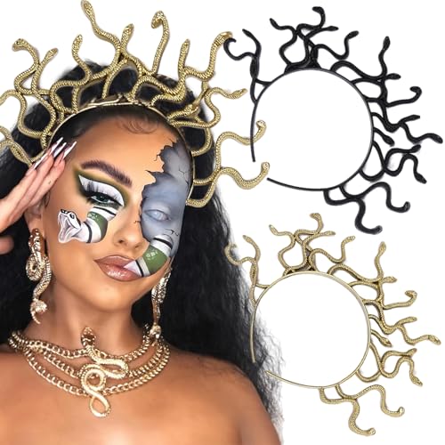 BASEMMAHER 2Pcs Halloween Medusa Snake Headband Greek Goddess Headdress Cosplay Costume Headpiece Egypt Black Gold Snake Hair Accessories for Women Girls Halloween Masquerade Party Supplies