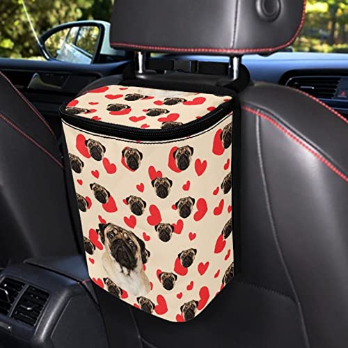 Image of Talayituse Pug Dog Pattern Car Trash Can, Portable Auto Garbage Bin Multifunctional Vehicle Interior Accessories with Adjustable Straps Universal Fit Truck SUV Sedan