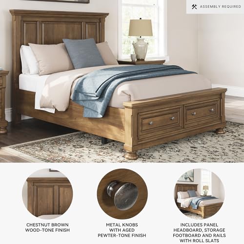 Image of Signature Design by Ashley Queen Panel Storage Bed Frame, Chestnut Brown | Poplar solids pine veneer and MDF substrate, 2 footboard drawers for space-saving storage, Glarrison Series