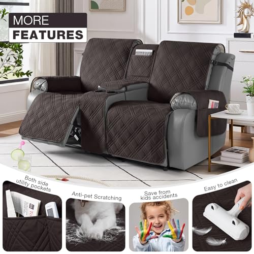 Image of TAOCOCO Polyester Loveseat Recliner Cover With Center Console - 100% Waterproof Pet Protector for Dual Recliner With Cup Holder, Split Reclining Furniture for Pets & Kids (2 Seater, Coffee)