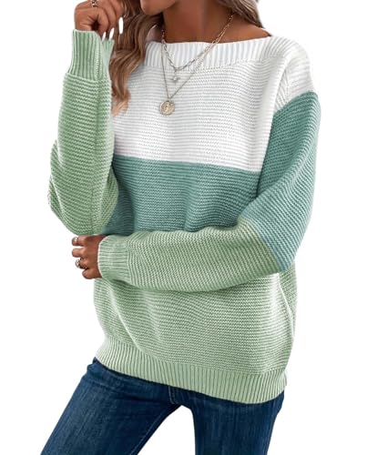 Women’s Cozy Striped Color Block Knit Sweater Top Long Sleeve Casual Crewneck Pullover