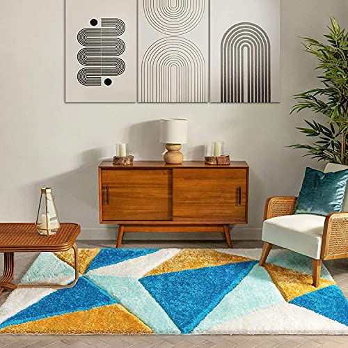 Image of Urban Modern Decor Features 5x8 Feet Modern Soft Shaggy Carpet Thick, Fluffy & 2 inch Pile Shag Rug for Your Kids Room, Bedroom & Livingroom(5x8 feet, Turquoise Yellow & Blue Multi)