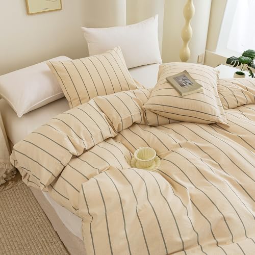 Image of ECOCOTT Striped Duvet Cover Queen Size, 100% Washed Cotton Linen Feel Comforter Cover, 3PCS Vertical Stripe Bedding Set with Zipper Closure & Corner Ties