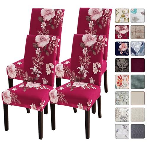 Image of SearchI Dining Room Chair Covers Slipcovers Set of 4, Spandex Super Fit Stretch Removable Washable Kitchen Parsons Chair Covers Protector for Dining Room,Hotel,Ceremony,Red+Flowers