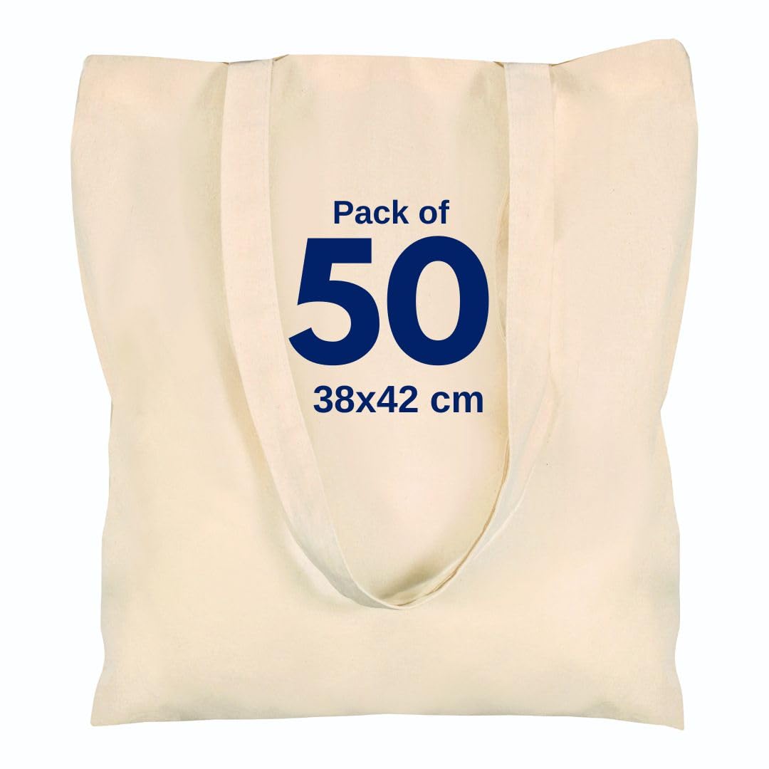 Cotton Canvas Plain Tote Bags to Decorate in Bulk Pack of 3/5/10/25, 145gsm 100% Natural Cotton Premium Fabric Blank Reusable Large Canvas bag -38 X 42 cm+65cm long Handles (Pack of 50-Natural) โ image 1