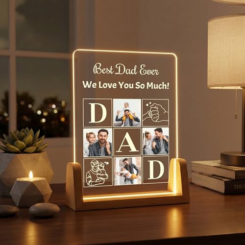 Image of Giftplease Personalized Rectangular Acrylic Wood Photo Frame | Warm LED Light Base Custom 4 Picture Alphabet Block Night Decor for Father Papa Husband | Fathers Day Best Dad Birthday Tabletop