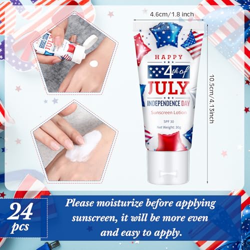 Image of 24 Pcs Mini Sunscreen Bulk for Summer Party Wedding SPF 30 Water Resistant Sunscreen Lotion Bulk 1oz Travel Size for Thank You Gifts Wedding Supplies (Independence Day)