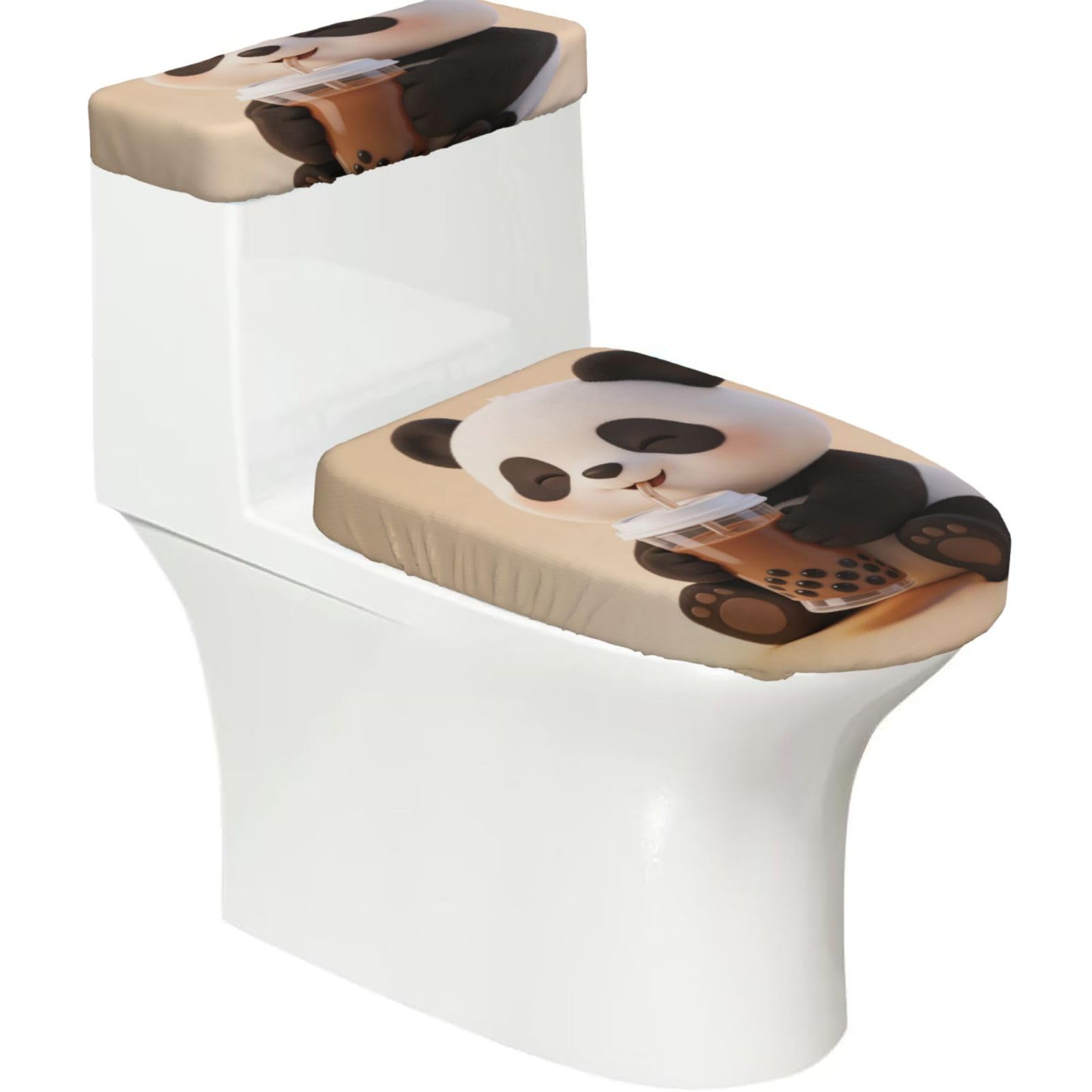 Panda Boba Tea Elastic Toilet Cover Set of 2-Stretchy Lid and Tank Covers for Bathroom, Soft Washable U Shape Toilet Decor