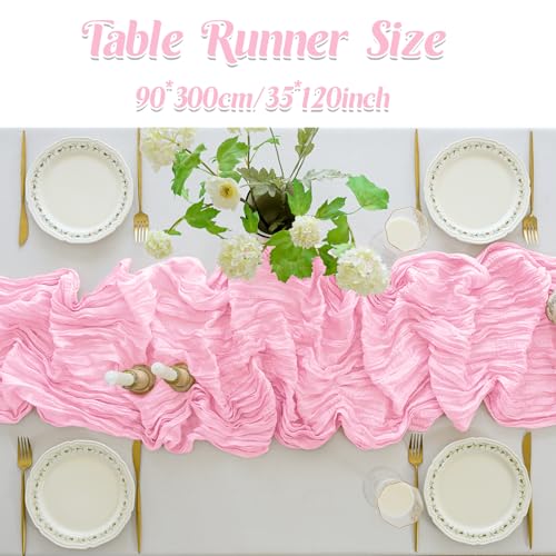 Cheesecloth Gauze Boho Rustic Table Runner - 35x120 Inch Long for Wedding, Baby & Bridal Showers (Pink) — view 4