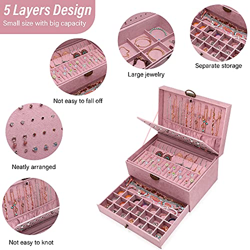 Xmjxbox Jewelry Box, 5 Layers Large Jewelry Boxes For Women,Girls, Jewelry Storage Case For Necklace,Earring,Ring,Bracelet,Velvet,Keylockable (Pink) #TOP1