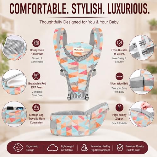 Image of Baby Carrier for 0 to 3 Year Baby | Ergonomic Kangaroo Bag with Detachable Soft Hip Seat | Baby Carrying Bag for Newborn & Toddler | 6-in-1 Baby Carrier with Pockets & Back Support (Geometric)