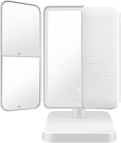 XBEING Espejo de tocador triple con luces, espejo de 3 modos de iluminación de color con aumento de 1x2X3X, brillo de control táctil de 52 LED,