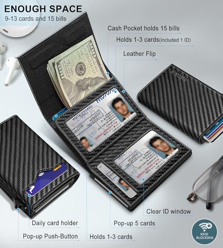 Image of miyozi Wallet for Men,with Cash Pocket 2 ID Window 9-13 Cards,Metal Case Smart Slim Pop Up Credit Card Holder Flip with Magnetic Closure RFID Blocking Trifold wallet with Gift Box