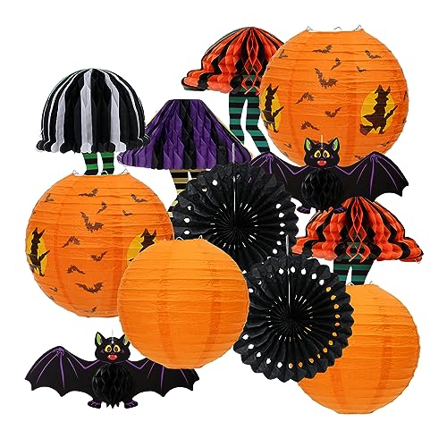 UNIQOOO 12Pcs Halloween Hanging Decorations Paper Lanterns, Orange Black Purple Witch Bat Fan for Indoor Outdoor Spooky Home Decor, Party Supplies Props, Assorted 8