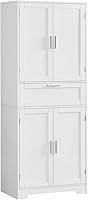 IWELL Tall Storage Cabinet with Adjustable Shelves, Large Drawer & 4 Doors - White Pantry Organizer for Kitchen, Bathroom, Office